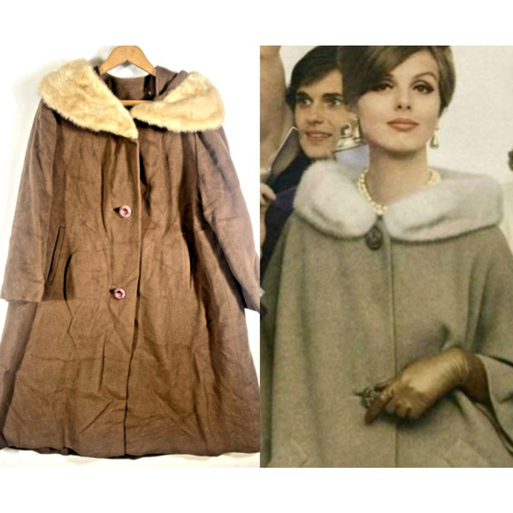 Vtg 1950s Wool Swing Coat XL Fur Collar Womens Brown Old Hollywood Union Made - Picture 1 of 16